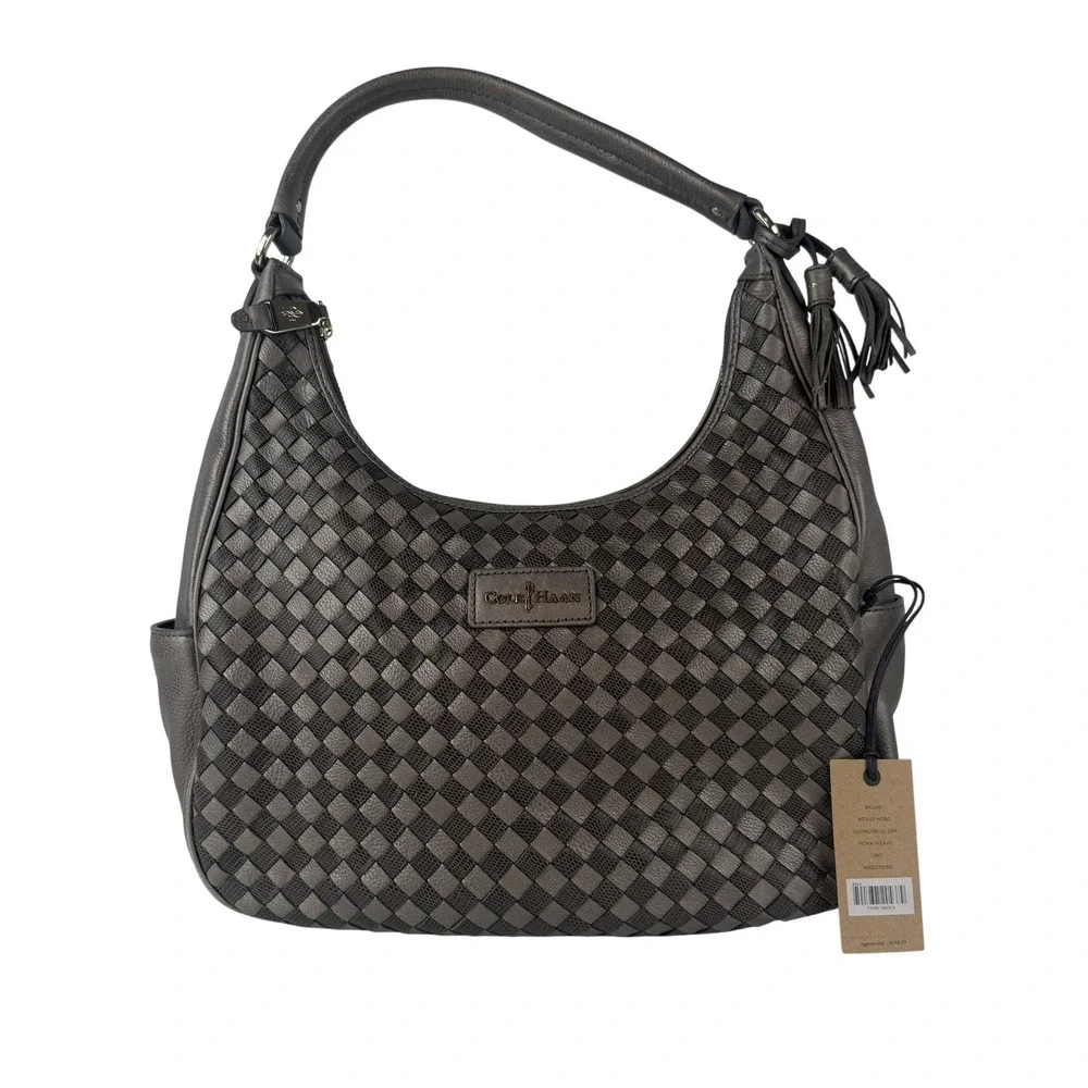 Cole Haan Hobo Bag Womens Gray Leather‎ Nora Weave Shoulder Purse Tassel B43416